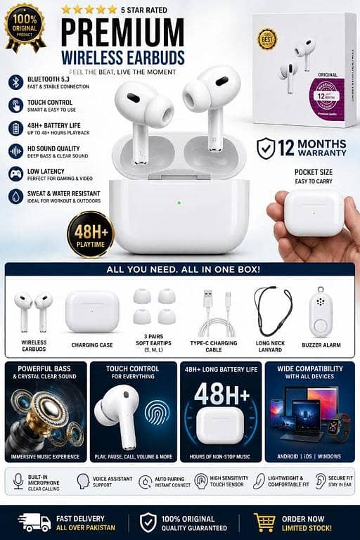 Premium PRO 2 ORIGINAL Wireless Earbuds Bluetooth 5.3 Pro – 100% Original HD Sound Quality Earphones with 48H+ Battery Life, Touch Control, Low Latency Gaming & Sweatproof Gym Pods