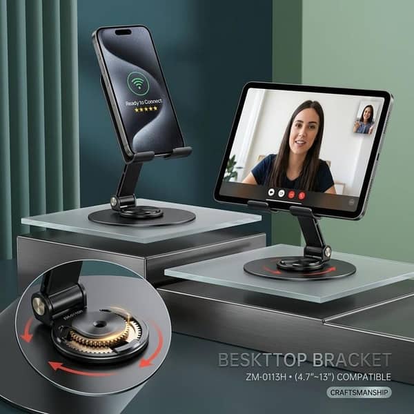 Premium Metal Desktop Bracket - 360° Rotating Universal Mobile & Tablet Stand - Foldable Multi-Angle Adjustable Heavy Duty Holder For Desk, Office, iPhone, iPad, Switch (4.7" to 13")