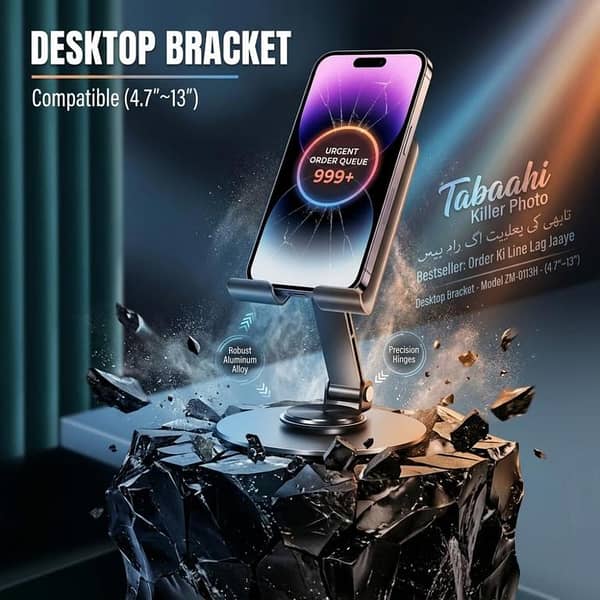 Premium Metal Desktop Bracket - 360° Rotating Universal Mobile & Tablet Stand - Foldable Multi-Angle Adjustable Heavy Duty Holder For Desk, Office, iPhone, iPad, Switch (4.7" to 13")