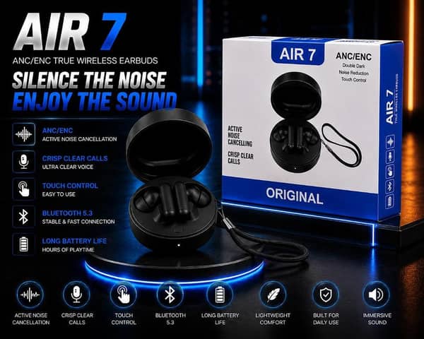 AIR 7 True Wireless Earbuds with ANC/ENC Active Noise Cancellation, Bluetooth 5.3 Headphones, Crisp Clear Calls, Touch Control, Long Battery Life, Waterproof Immersive Sound Earphones White , Black , Red , Orange
