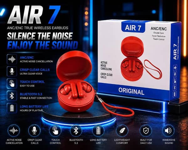AIR 7 True Wireless Earbuds with ANC/ENC Active Noise Cancellation, Bluetooth 5.3 Headphones, Crisp Clear Calls, Touch Control, Long Battery Life, Waterproof Immersive Sound Earphones White , Black , Red , Orange