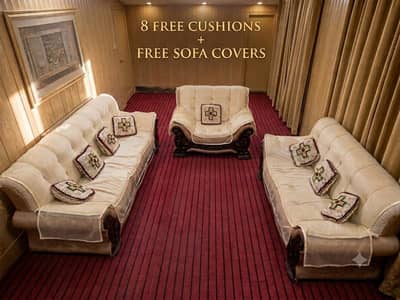 Luxury 8-Seater Carved Wooden Sofa Set with 8Cushions and free covers