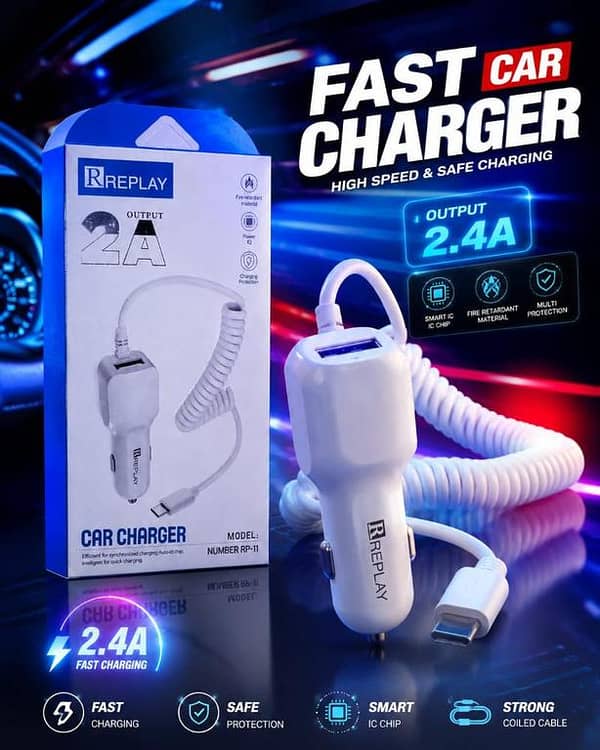 REPLAY 2.4A Fast Car Charger Adapter with Strong Coiled Cable | Smart IC Chip Rapid Charging & Multi-Protection Safety | Heavy Duty Universal Dual USB Car Charger for All Smartphones (Model: RP-11)