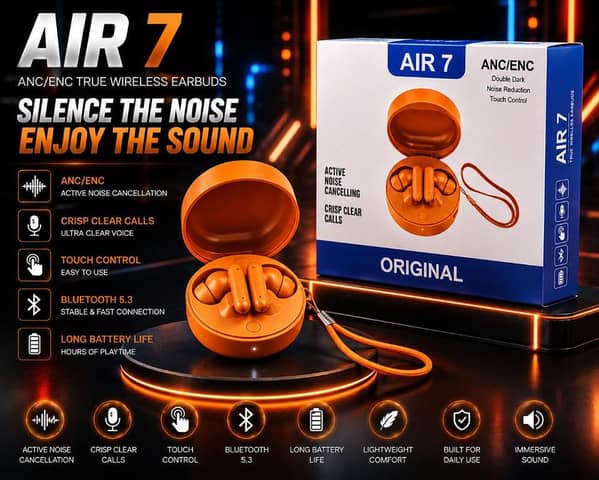PACK OF 2 PCS EARPHONES AIR 7 True Wireless Earbuds with ANC/ENC Active Noise Cancellation, Bluetooth 5.3 Headphones, Crisp Clear Calls, Touch Control, Long Battery Life, Waterproof Immersive Sound Earphones White , Black , Red , Orange