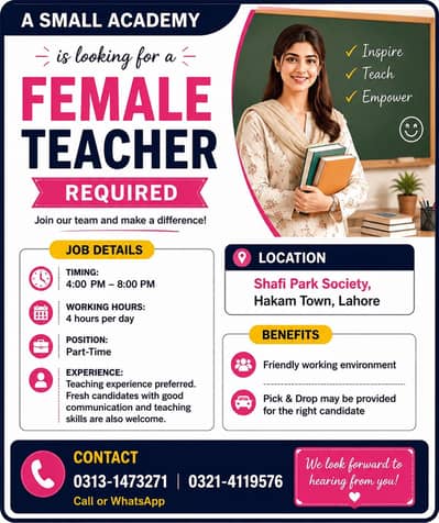 Female Teacher Required (Part-Time)