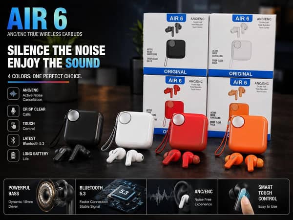 Original Air 6 Wireless Bluetooth Earbuds Noise Cancelling TWS Gaming Headset | Waterproof Sport Earphones, Immersive Sound, Heavy Bass Buds with Mic, Wide Compatibility for All Smartphones