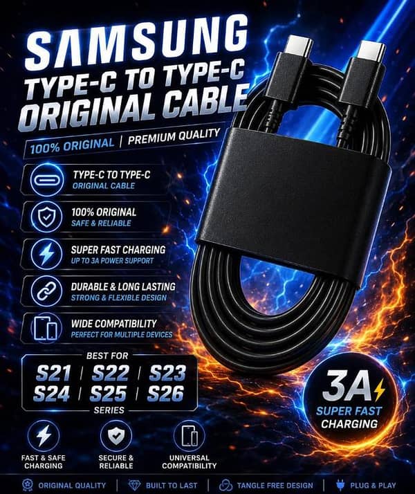 Samsung Original Type C To Type C Cable 3A Super Fast Charging Cable Data Sync Cord Wire [100% Original Premium Quality] Heavy Duty Charging Cable For Samsung Galaxy S21 S22 S23 S24 S25 S26 Ultra Plus Note Series & All Type-C Devices