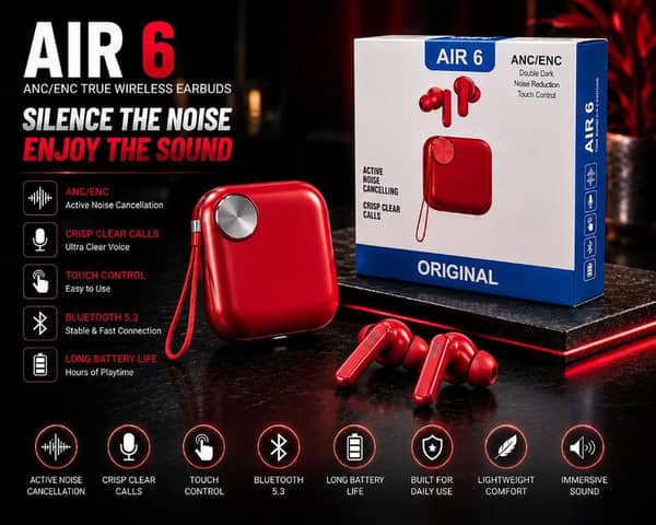 Original Air 6 Wireless Bluetooth Earbuds Noise Cancelling TWS Gaming Headset | Waterproof Sport Earphones, Immersive Sound, Heavy Bass Buds with Mic, Wide Compatibility for All Smartphones