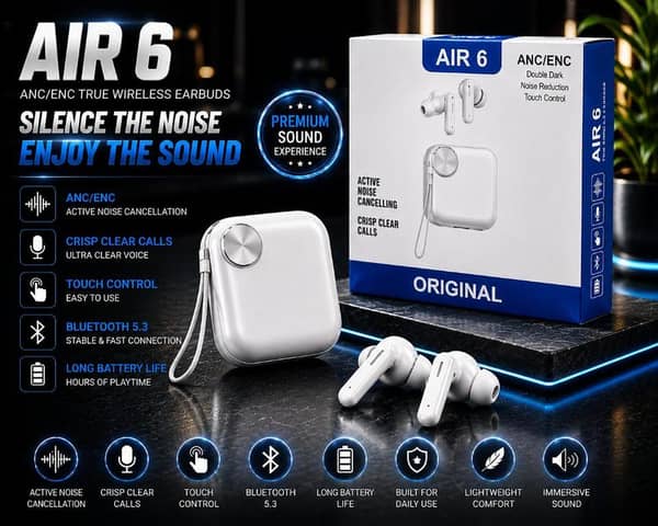 Original Air 6 Wireless Bluetooth Earbuds Noise Cancelling TWS Gaming Headset | Waterproof Sport Earphones, Immersive Sound, Heavy Bass Buds with Mic, Wide Compatibility for All Smartphones