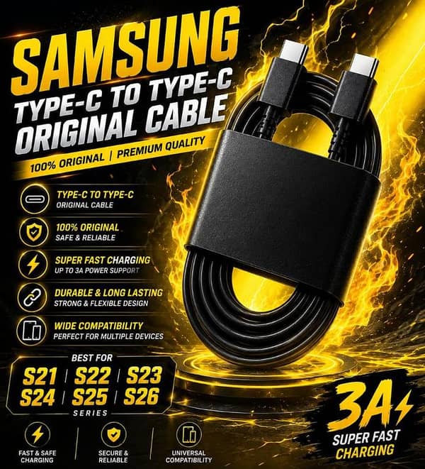 Samsung Original Type C To Type C Cable 3A Super Fast Charging Cable Data Sync Cord Wire [100% Original Premium Quality] Heavy Duty Charging Cable For Samsung Galaxy S21 S22 S23 S24 S25 S26 Ultra Plus Note Series & All Type-C Devices
