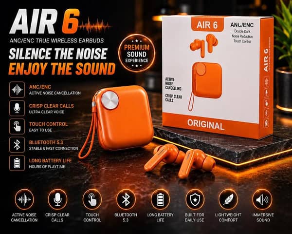 Original Air 6 Wireless Bluetooth Earbuds Noise Cancelling TWS Gaming Headset | Waterproof Sport Earphones, Immersive Sound, Heavy Bass Buds with Mic, Wide Compatibility for All Smartphones