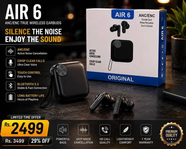 Original Air 6 Wireless Bluetooth Earbuds Noise Cancelling TWS Gaming Headset | Waterproof Sport Earphones, Immersive Sound, Heavy Bass Buds with Mic, Wide Compatibility for All Smartphones