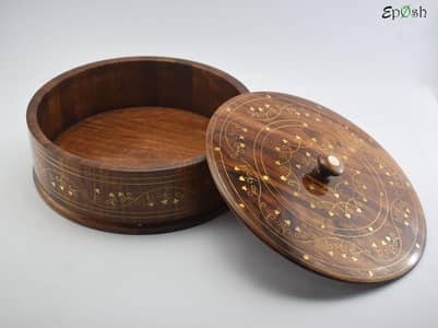 Antique Style Wooden Chapati Hotpot | Brass  Work Decorative  Storage
