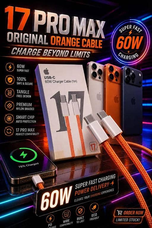 iPhone 17 Pro Max 60W USB-C To USB-C Super Fast Charging Cable For | Original Orange Premium Nylon Braided Type-C PD Fast Charger Cord (1m) Wide Compatibility