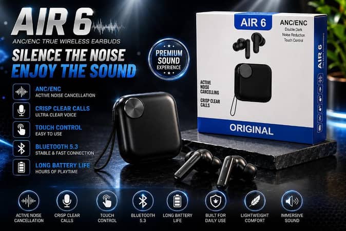 Original Air 6 Wireless Bluetooth Earbuds Noise Cancelling TWS Gaming Headset | Waterproof Sport Earphones, Immersive Sound, Heavy Bass Buds with Mic, Wide Compatibility for All Smartphones