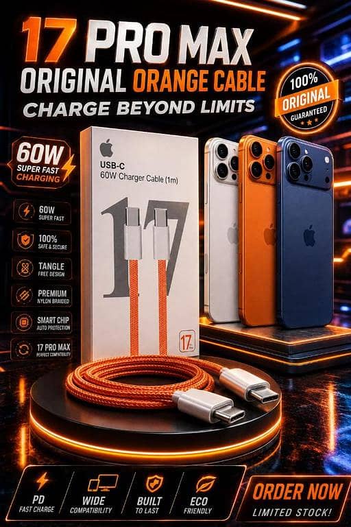 iPhone 17 Pro Max 60W USB-C To USB-C Super Fast Charging Cable For | Original Orange Premium Nylon Braided Type-C PD Fast Charger Cord (1m) Wide Compatibility