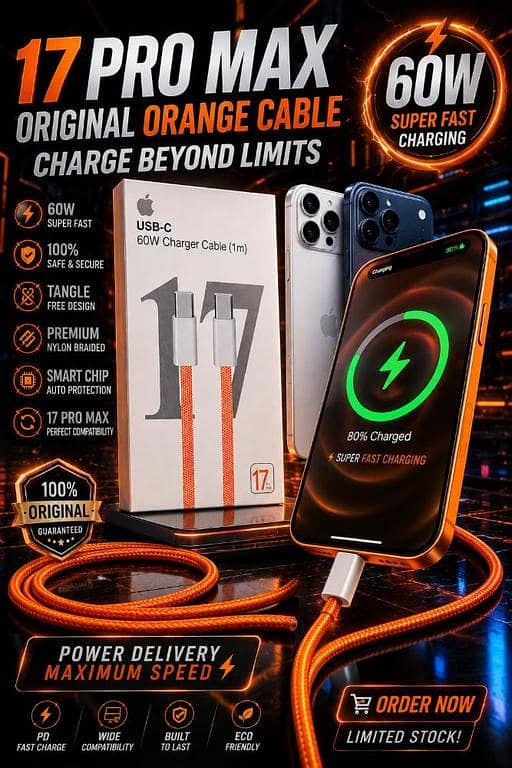iPhone 17 Pro Max 60W USB-C To USB-C Super Fast Charging Cable For | Original Orange Premium Nylon Braided Type-C PD Fast Charger Cord (1m) Wide Compatibility