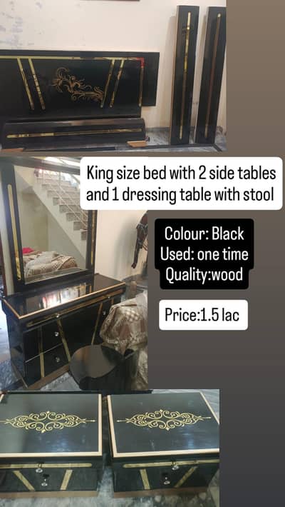 1 king size bed with 2 side tables and 1 dressing table with stool