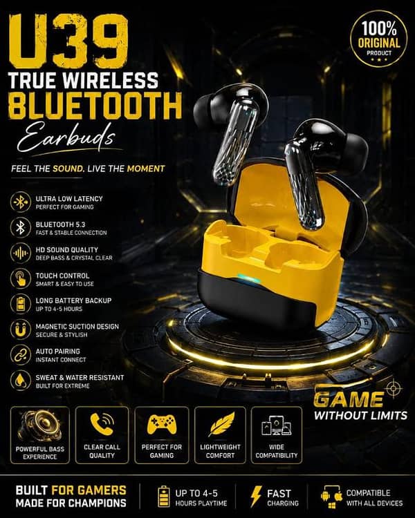 ORIGINAL U39 Gaming Earbuds Bluetooth 5.3 Wireless Headphones - Low Latency True Wireless TWS - Deep Bass Sound, 5H Battery, Touch Control, Sweatproof Earphones With Mic Works With All Devices