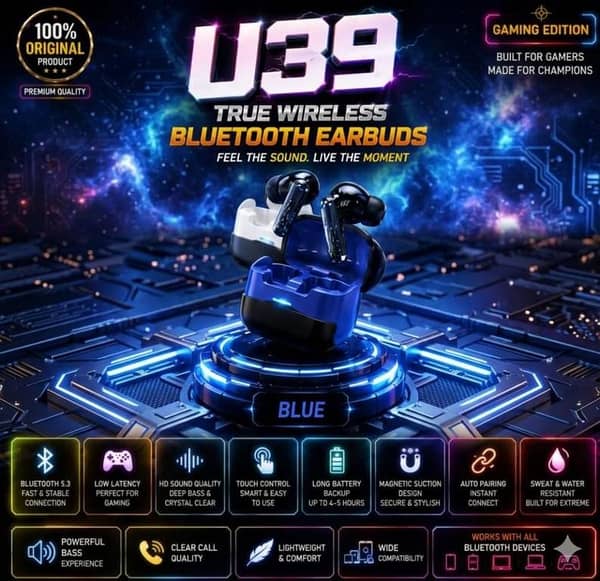 ORIGINAL U39 Gaming Earbuds Bluetooth 5.3 Wireless Headphones - Low Latency True Wireless TWS - Deep Bass Sound, 5H Battery, Touch Control, Sweatproof Earphones With Mic Works With All Devices