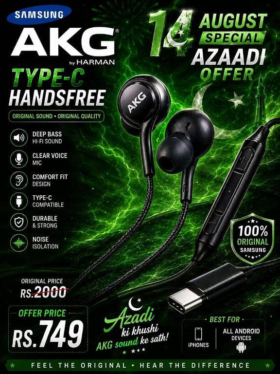 Original Samsung AKG Type-C Handsfree Premium Deep Bass Wired Earphones Noise Isolating Gaming Headphones With Mic For All Android Devices, Type-C iPhones & iPad