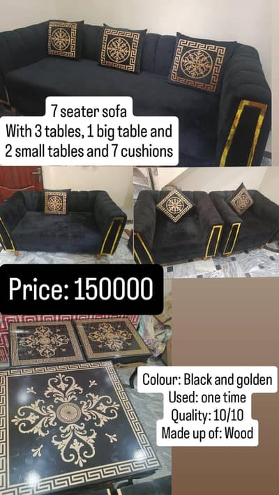 7 seater sofa set in black colour with 3 tables 1 large and 2 small