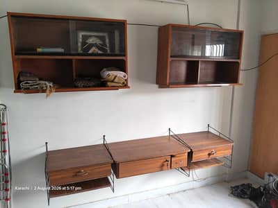 Wall mounted wooden shelves and tables
