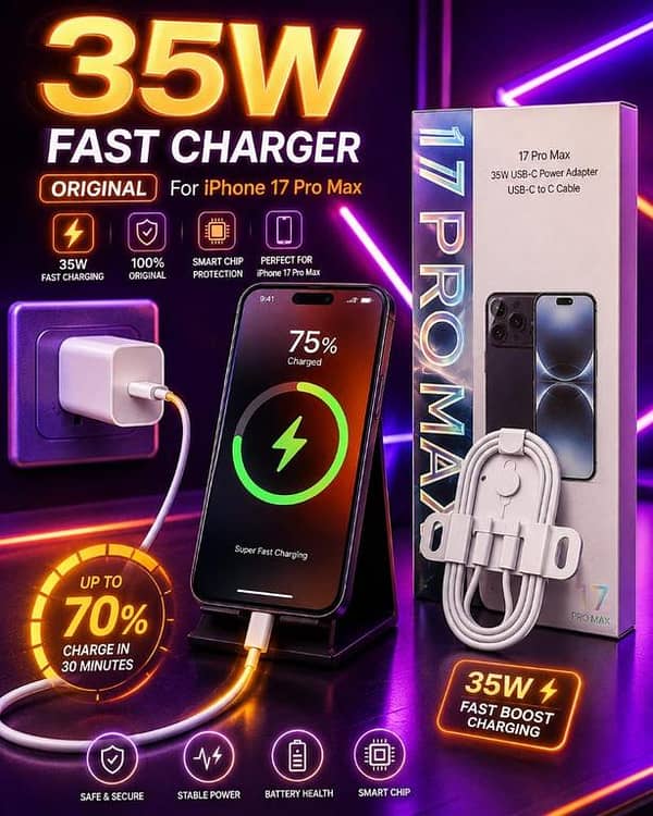 Original 35W Fast Charger For iPhone 17 Pro Max 17 Pro USB-C Power Adapter With Type C To C Cable Kit, Premium Quality PD Fast Charging Adapter, Smart Chip Protection Quick Wall Charger