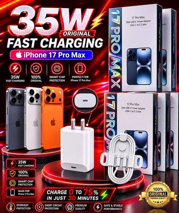 Original 35W Fast Charger For iPhone 17 Pro Max 17 Pro USB-C Power Adapter With Type C To C Cable Kit, Premium Quality PD Fast Charging Adapter, Smart Chip Protection Quick Wall Charger