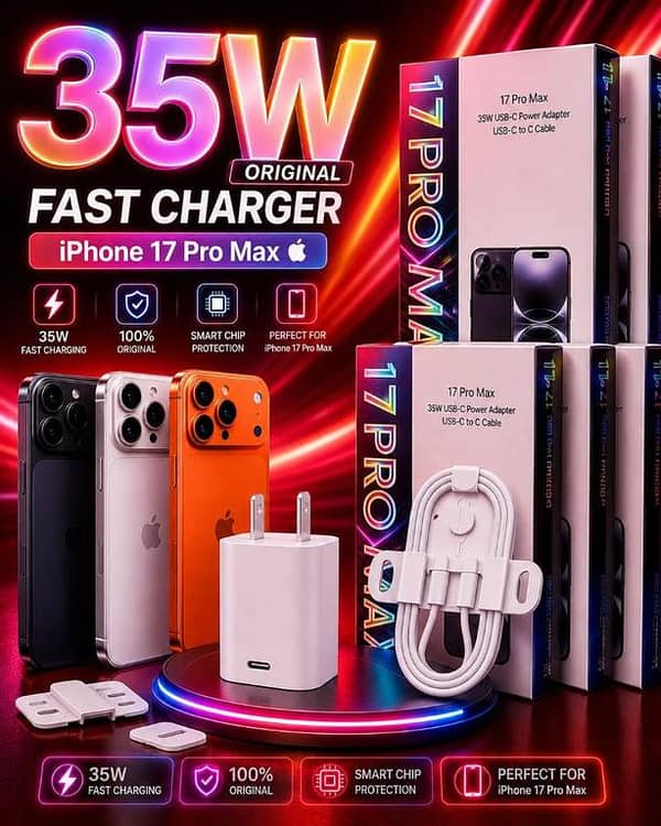 Original 35W Fast Charger For iPhone 17 Pro Max 17 Pro USB-C Power Adapter With Type C To C Cable Kit, Premium Quality PD Fast Charging Adapter, Smart Chip Protection Quick Wall Charger