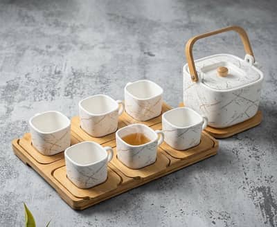 wood marble tea set