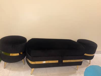 3 Piece Sofa Stool Set – Black Velvet with Golden Trim (Like New)