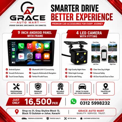 9 Inch Android Panel + 4 LED Reverse Camera with Fitting | Grace Auto