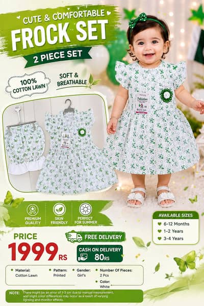 Girls Pakistan Independence Cotton Frock Set 2 Pcs | 6M-4Y