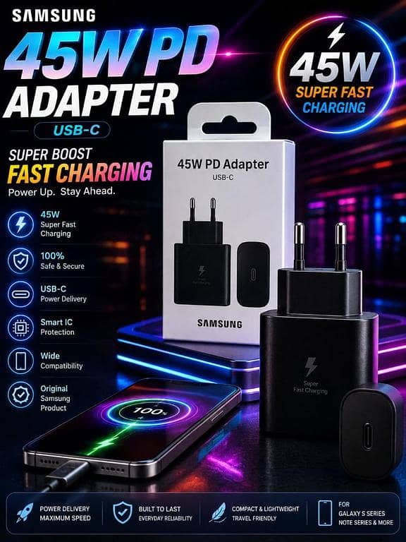Samsung Original 45W Ultra Fast Booster Charging PD Adaptor | USB-C Power Delivery Wall Charger with Smart IC Protection for All Type-C Devices
