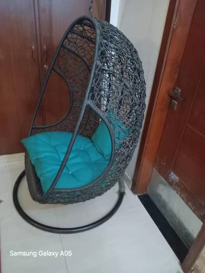 egg/swing chair with stand and cushion