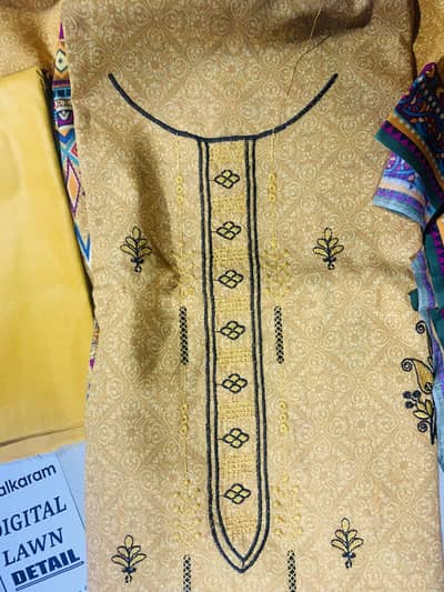 Mustard Gold Digital Lawn 3-Piece Suit with Sequins Embroidery