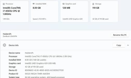 asus i 7 8gen 4cores 8 threads