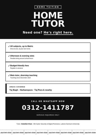 Male Home Tutor for Matric & Below | All Subjects | Lahore