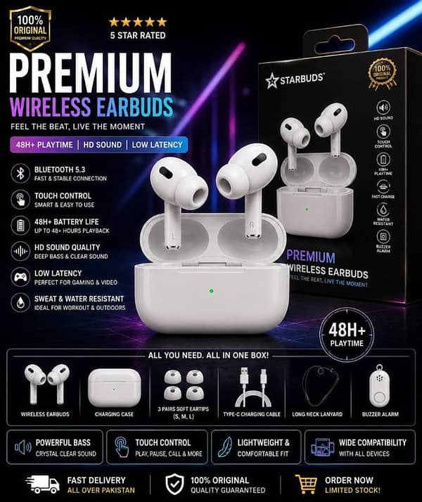 Premium PRO 2 ORIGINAL Wireless Earbuds Bluetooth 5.3 Pro – 100% Original HD Sound Quality Earphones with 48H+ Battery Life, Touch Control, Low Latency Gaming & Sweatproof Gym Pods