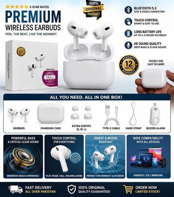 Premium PRO 2 ORIGINAL Wireless Earbuds Bluetooth 5.3 Pro – 100% Original HD Sound Quality Earphones with 48H+ Battery Life, Touch Control, Low Latency Gaming & Sweatproof Gym Pods