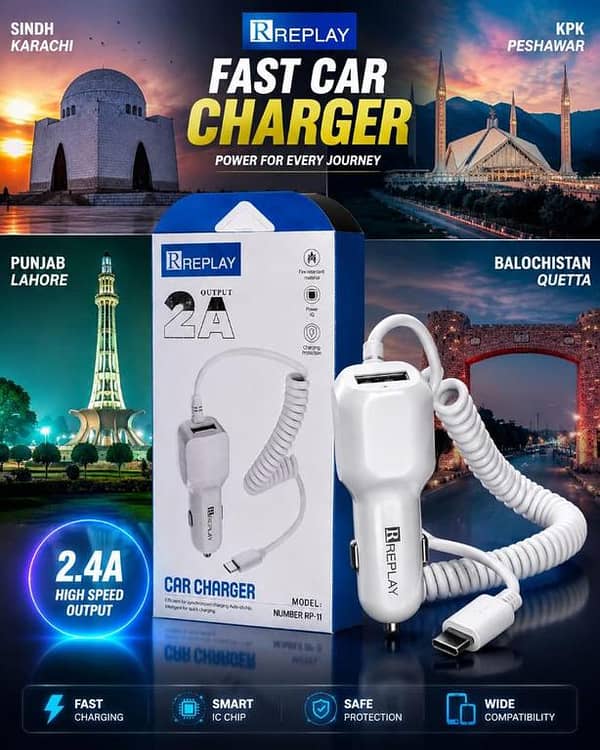 REPLAY 2.4A Fast Car Charger Adapter with Strong Coiled Cable | Smart IC Chip Rapid Charging & Multi-Protection Safety | Heavy Duty Universal Dual USB Car Charger for All Smartphones (Model: RP-11)
