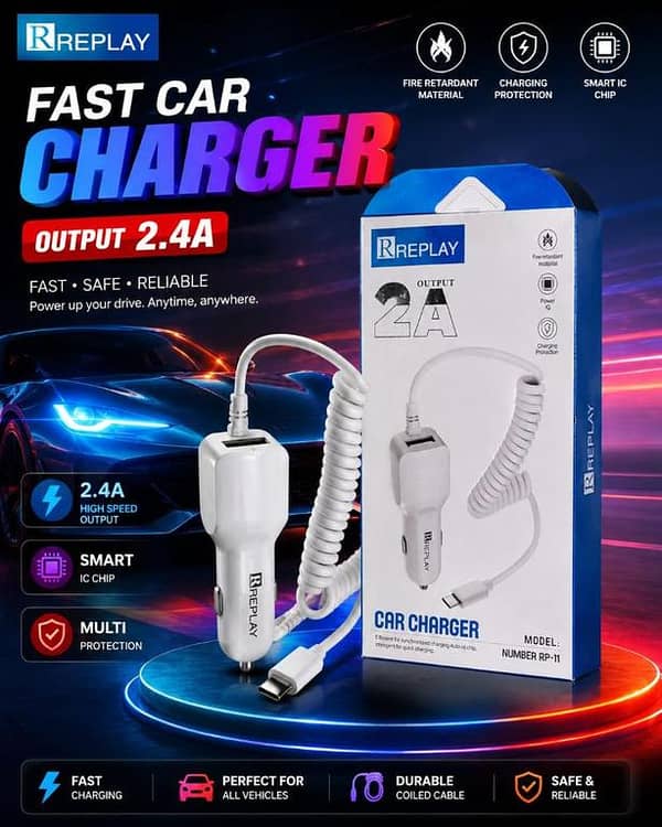 REPLAY 2.4A Fast Car Charger Adapter with Strong Coiled Cable | Smart IC Chip Rapid Charging & Multi-Protection Safety | Heavy Duty Universal Dual USB Car Charger for All Smartphones (Model: RP-11)