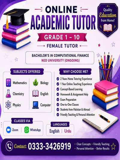 Online Academic Tutor | Grade 1–10 | Female Tutor