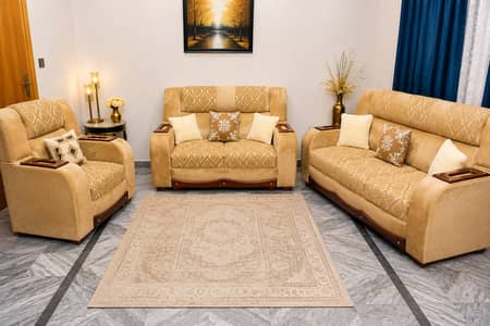 Beige Wooden Sofa Set (3+2+1) | Good Condition