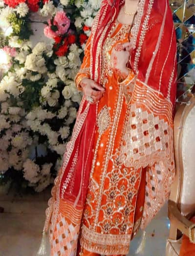 Orange dress, Organza Red Dupatta , Embroidery work, 3 pieces , luxury