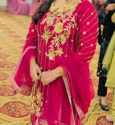 Purple colour hand work dress with embroidered sleeves