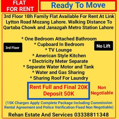3rd Floor Family Flat For Rent At Link Lytton Road Mozang Lahore