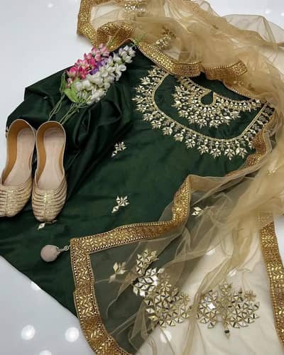 Green cotton silk three piece with mirror work and khussa