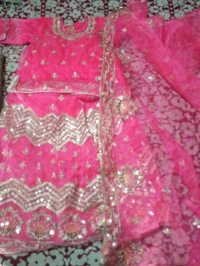 Bright Pink (Fuchsia) with Golden embroidery and sequin work.